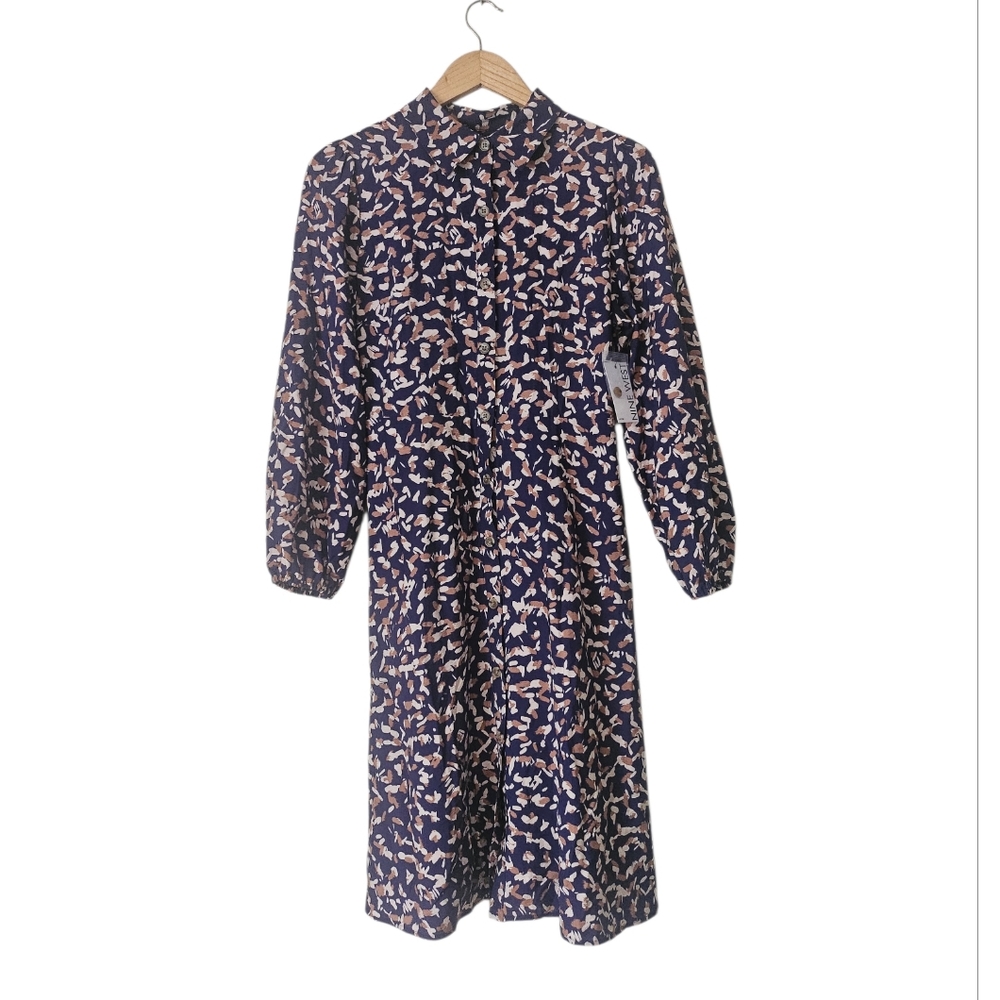 Nine West Abstract Print Collared Midi Shirt Dress Blue Tan Size Petite L NWT